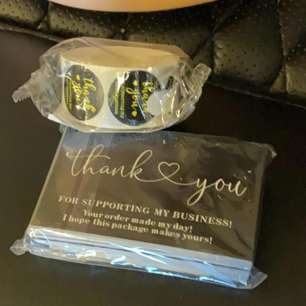 Thank you black business cards and 1” stickers
